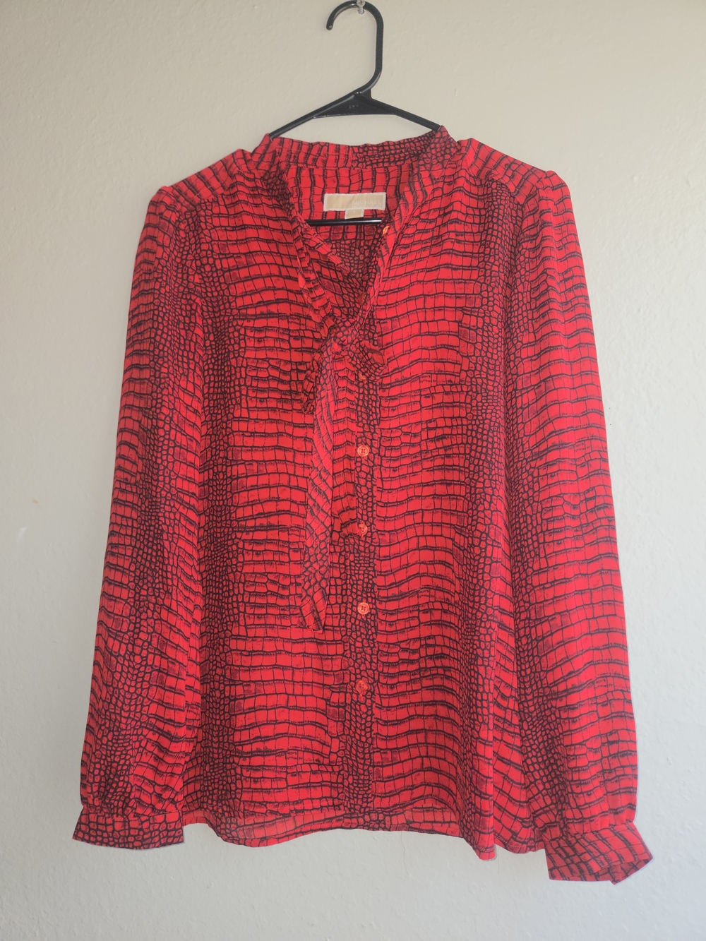Michael Kors Blouse Women Small Red Crocodile Snake Print Tie Neck Button Front